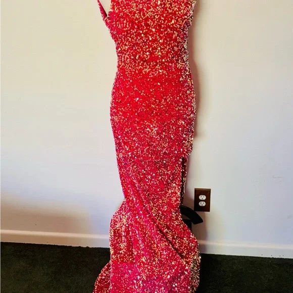 Custom U.S. Small Hot Pink Sequin One Shoulder Prom Gown W Slit - Picture 3 of 12
